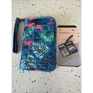 lug Tandem Zip SE RFID Wallet Passport Blue Tropical and Flamingo Print NWT